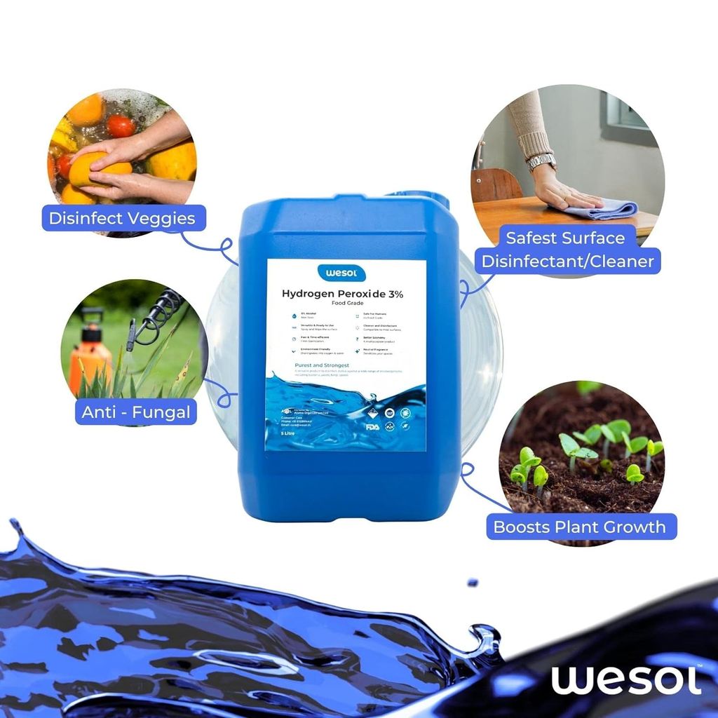 Wesol Hydrogen Peroxide 3% Food Grade | Multi-Use Disinfectant | Kills 99.9% Germs & Viruses | 5 Litre Pack - Best For Cleaning, General disinfection, deodorising, Hydroponics, Food production units.