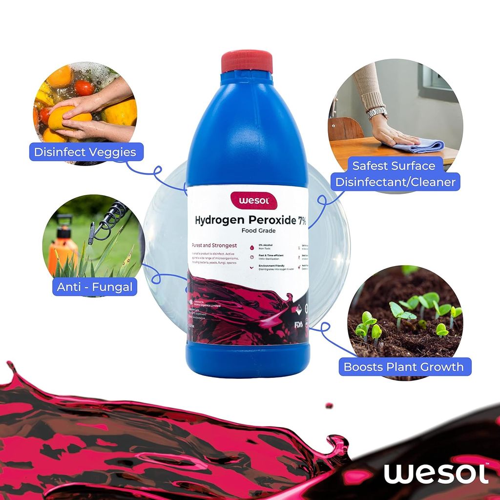 Wesol Hydrogen Peroxide 7.6% w/w Food Grade Multipurpose Disinfectant Solution - 1 Litre Pack | Best For Cleaning, disinfection. sterilization | Farming, Gardening, Hydroponics, Food production units