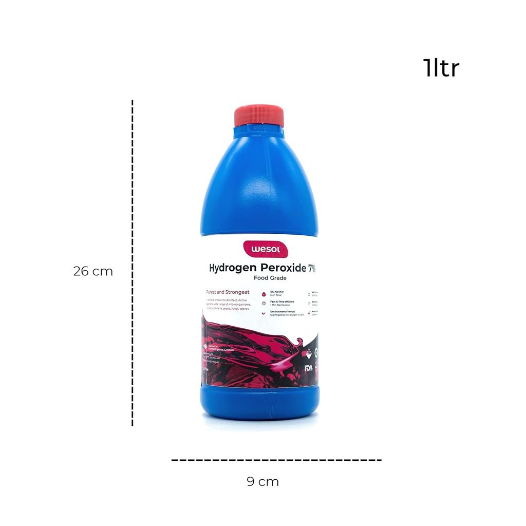 Wesol Hydrogen Peroxide 7.6% w/w Food Grade Multipurpose Disinfectant Solution - 1 Litre Pack | Best For Cleaning, disinfection. sterilization | Farming, Gardening, Hydroponics, Food production units