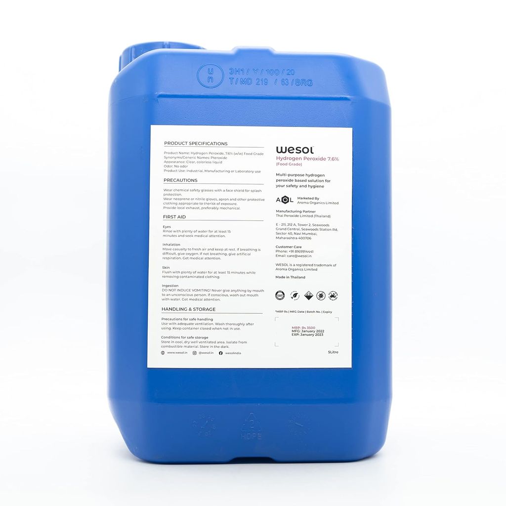 Wesol Hydrogen Peroxide 7.6% w/w (Food Grade) Floor Cleaner Solution - 5 Litre Pack | Best For Cleaning disinfection sterilization | Farming Gardening Hydroponics