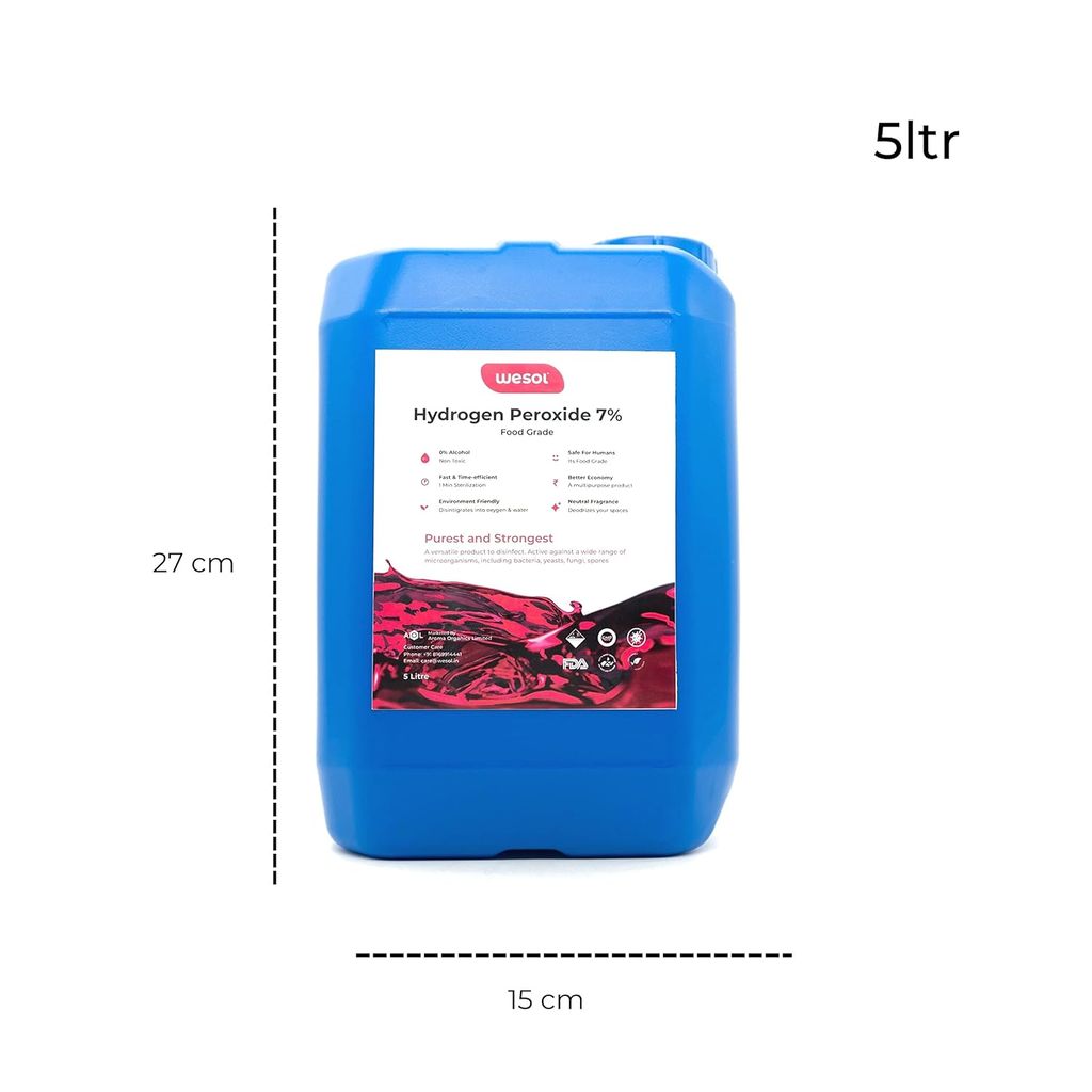 Wesol Hydrogen Peroxide 7.6% w/w (Food Grade) Floor Cleaner Solution - 5 Litre Pack | Best For Cleaning disinfection sterilization | Farming Gardening Hydroponics