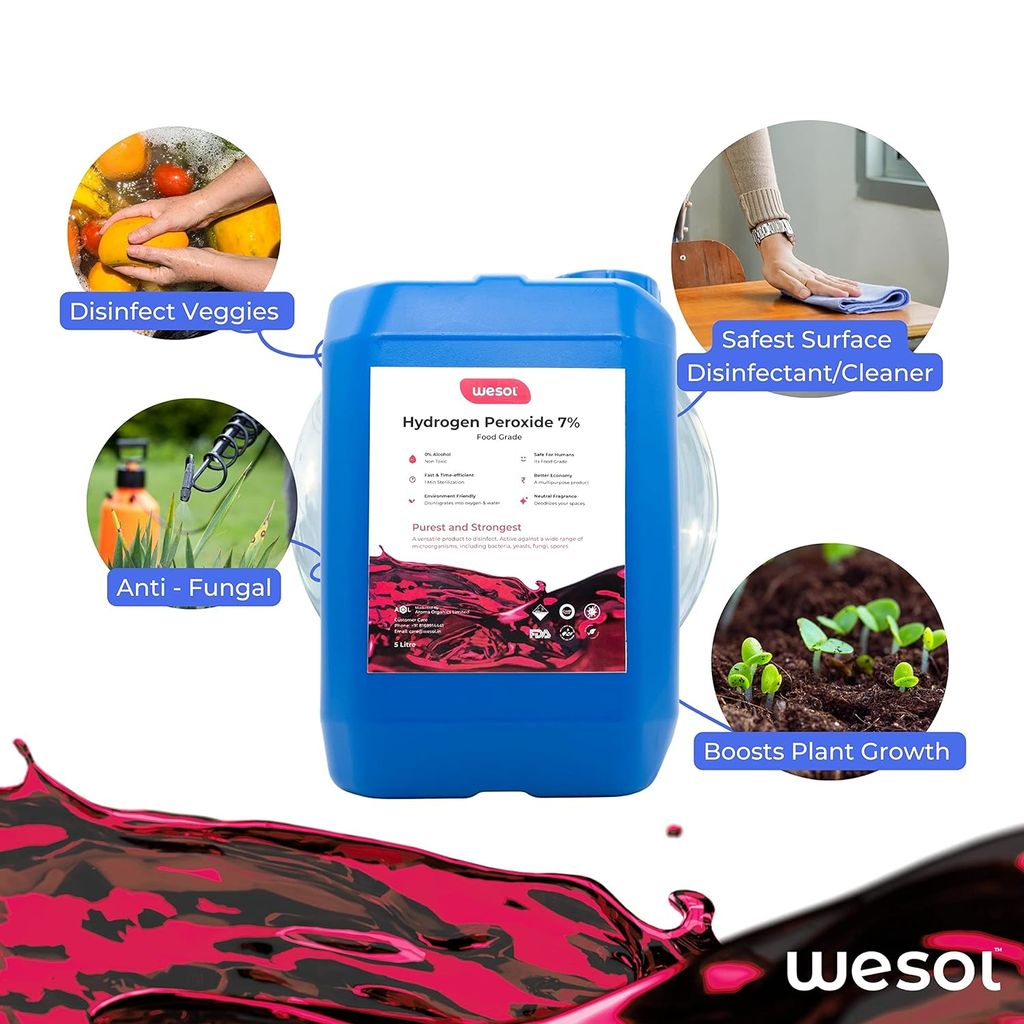 Wesol Hydrogen Peroxide 7.6% w/w (Food Grade) Floor Cleaner Solution - 5 Litre Pack | Best For Cleaning disinfection sterilization | Farming Gardening Hydroponics