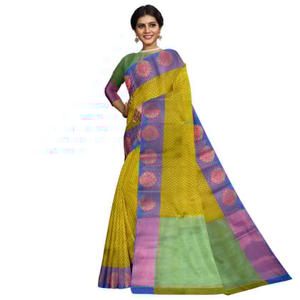 Yellow Green Color Soft Kora Muslin Saree with Unstitched Blouse