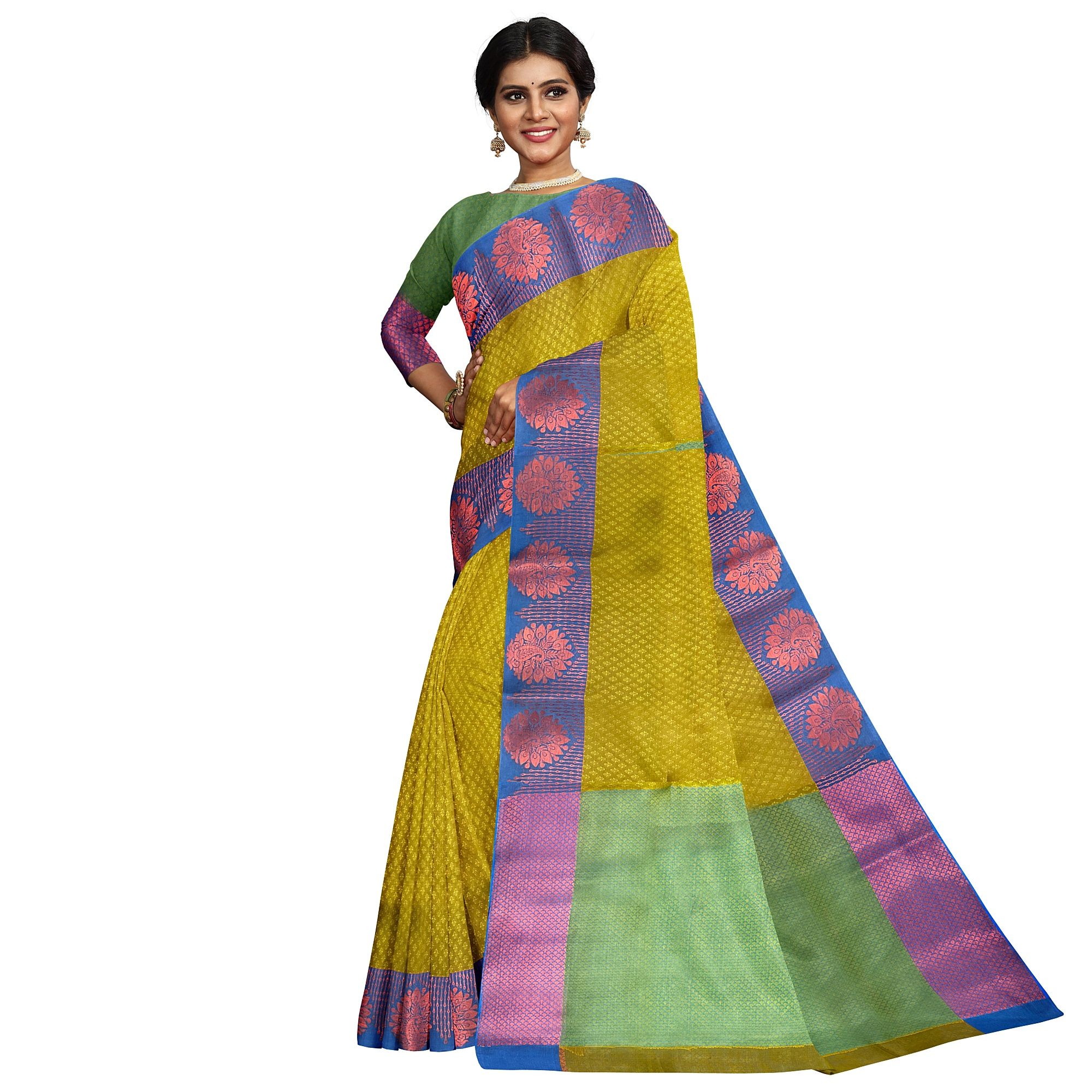 Yellow Green Color Soft Kora Muslin Saree with Unstitched Blouse