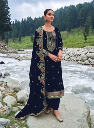 Lorenvelley Fashion Blue Velvet Salwar Suit Material Embroidered