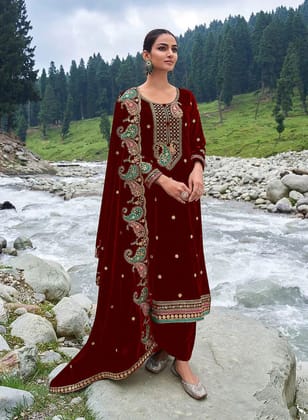 Lorenvelley Fashion Maroon Velvet Salwar Suit Material Embroidered