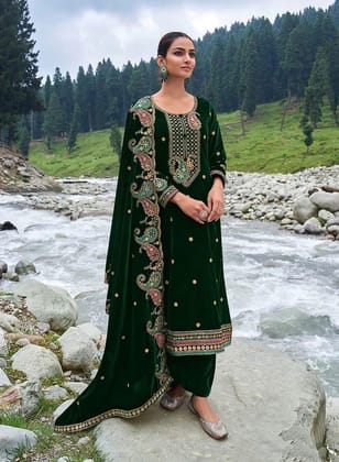 Lorenvelley Fashion Green Velvet Salwar Suit Material Embroidered