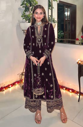 Lorenvelley Fashion Purple Velvet Salwar Suit Material Embroidered