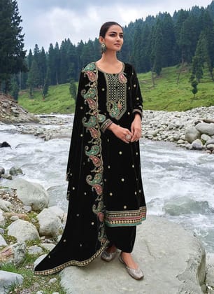 Lorenvelley Fashion Black Velvet Salwar Suit Material Embroidered