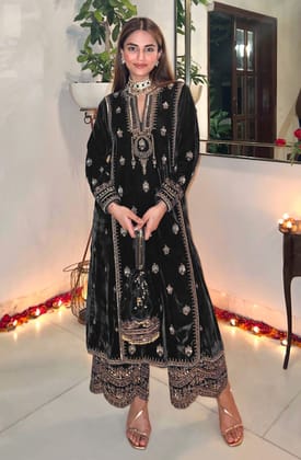 Lorenvelley Fashion Black Velvet Salwar Suit Material Embroidered