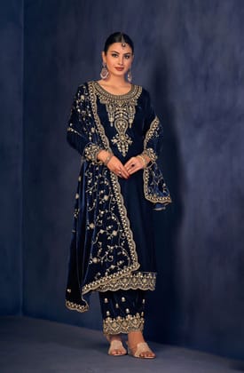 Lorenvelley Fashion Blue Velvet Salwar Suit Material Embroidered