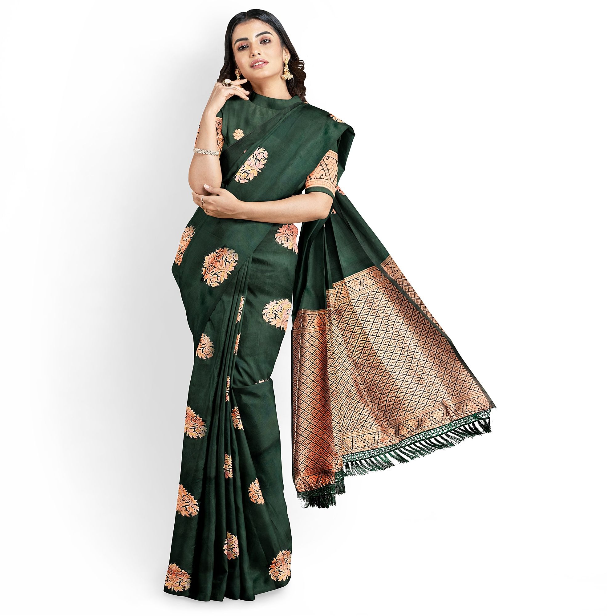 Bottle Green Color Big Floral Copper Zari Butta with Unstitched Blouse