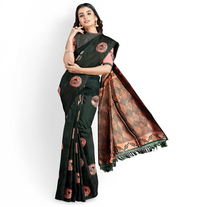Dark Green Color Big Copper Zari Butta Saree with Unstitched Blouse