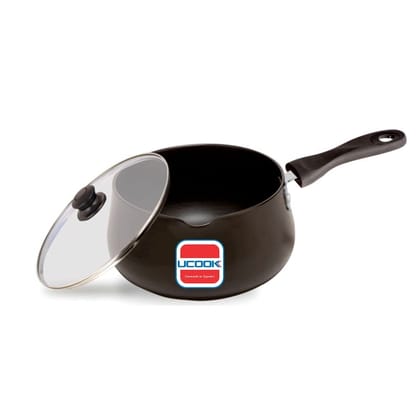 UCOOK by United Ekta Engg. Tea Pan, Sauce Pan and Milk Pan 2 Litre with Glass Lid Induction Base Hard Anodised, Black