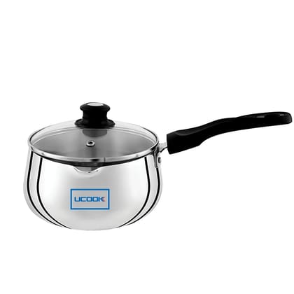 UCOOK by United Ekta Engg. Tea Pan, Sauce Pan and Milk Pan 2 Litre with Glass Lid Induction Base Aluminium, Silver