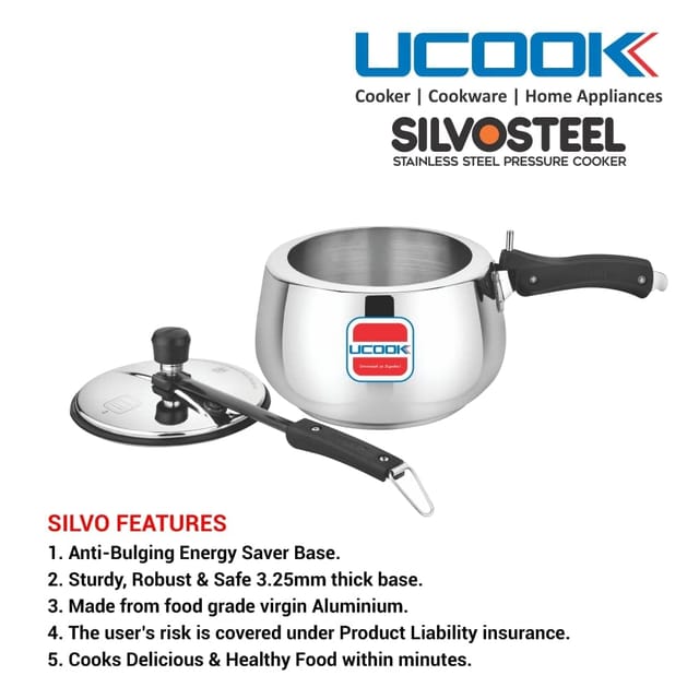 UCOOK By United Ekta Engg. Stainless Steel Silvo Induction Pressure Cooker 3 Litre Silver
