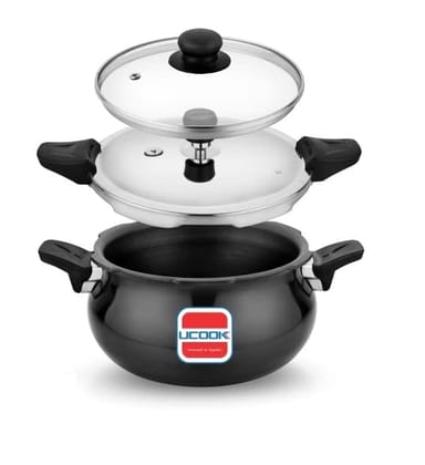 UCOOK By UNITED Ekta Engg. Hard Anodised Duo Lid 2 in 1 Induction Base 5 Litre Handi Shape Multipurpose All in one Outer Lid Pressure Cooker, Black