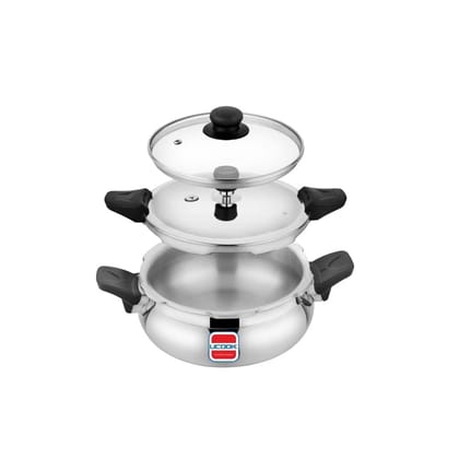 UCOOK By UNITED Ekta Engg. Aluminium Duo Lid 2 in 1 Induction Base 5 Litre Handi Shape Multipurpose/All in one Outer Lid Pressure Cooker with Glass Lid, Silver