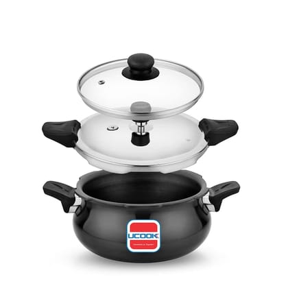 UCOOK By UNITED Ekta Engg. Hard Anodised Duo Lid 2 in 1 Induction Base 3 Litre Handi Shape Multipurpose All in one Outer Lid Pressure Cooker, Black