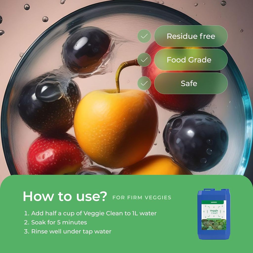 Wesol Vegetable Wash Liquid Hydrogen Peroxide 3% w/w Food Grade - 5L Multi-Use Disinfectant | Kills 99.9% Germs & Viruses | Best For Cleaning, General Disinfection, Deodorising, Food production units