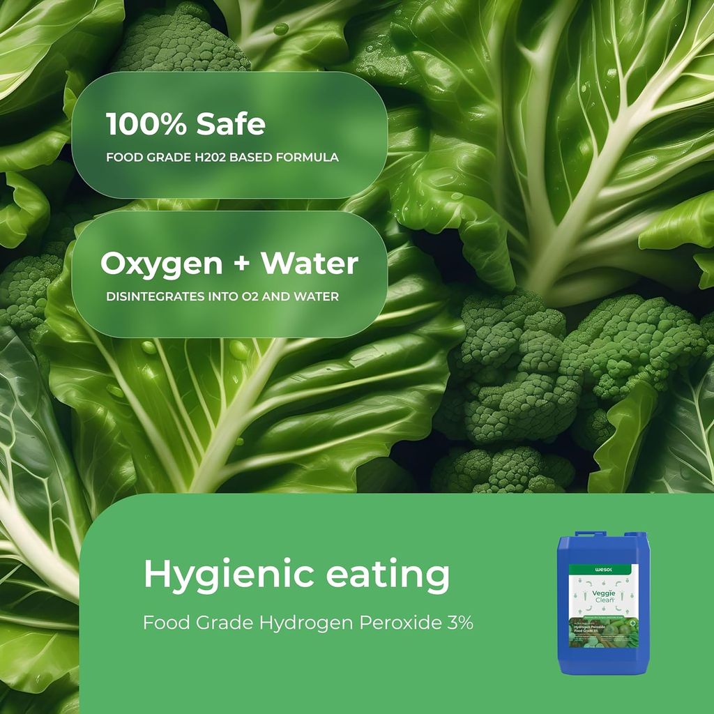 Wesol Vegetable Wash Liquid Hydrogen Peroxide 3% w/w Food Grade - 5L Multi-Use Disinfectant | Kills 99.9% Germs & Viruses | Best For Cleaning, General Disinfection, Deodorising, Food production units