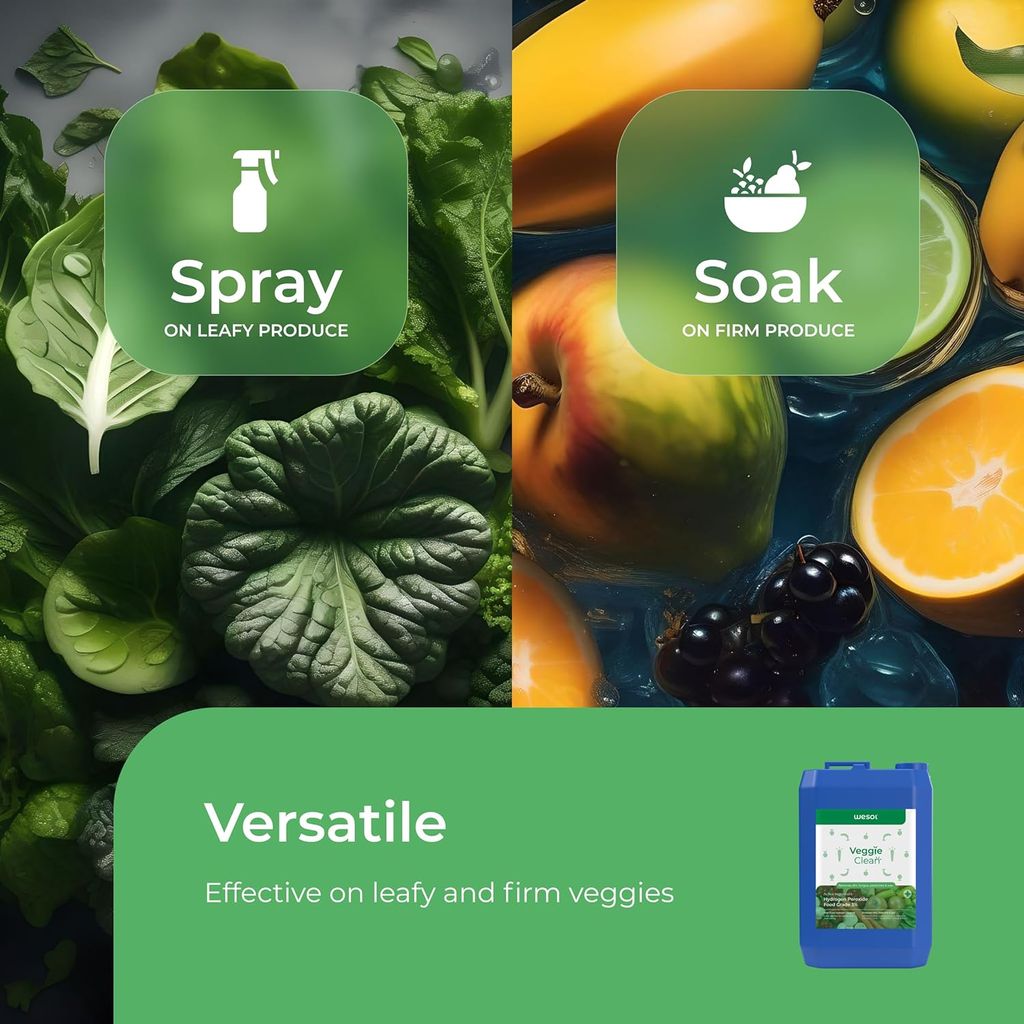 Wesol Vegetable Wash Liquid Hydrogen Peroxide 3% w/w Food Grade - 5L Multi-Use Disinfectant | Kills 99.9% Germs & Viruses | Best For Cleaning, General Disinfection, Deodorising, Food production units