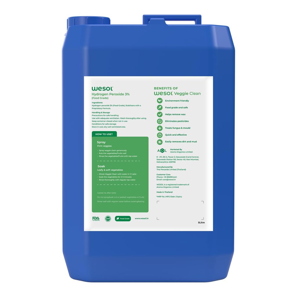Wesol Vegetable Wash Liquid Hydrogen Peroxide 3% w/w Food Grade - 5L Multi-Use Disinfectant | Kills 99.9% Germs & Viruses | Best For Cleaning, General Disinfection, Deodorising, Food production units