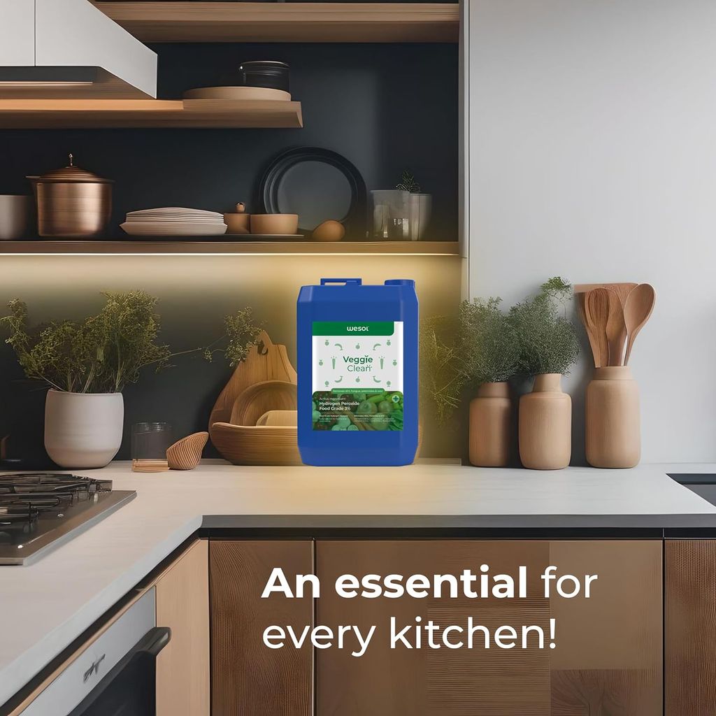 Wesol Vegetable Wash Liquid Hydrogen Peroxide 3% w/w Food Grade - 5L Multi-Use Disinfectant | Kills 99.9% Germs & Viruses | Best For Cleaning, General Disinfection, Deodorising, Food production units