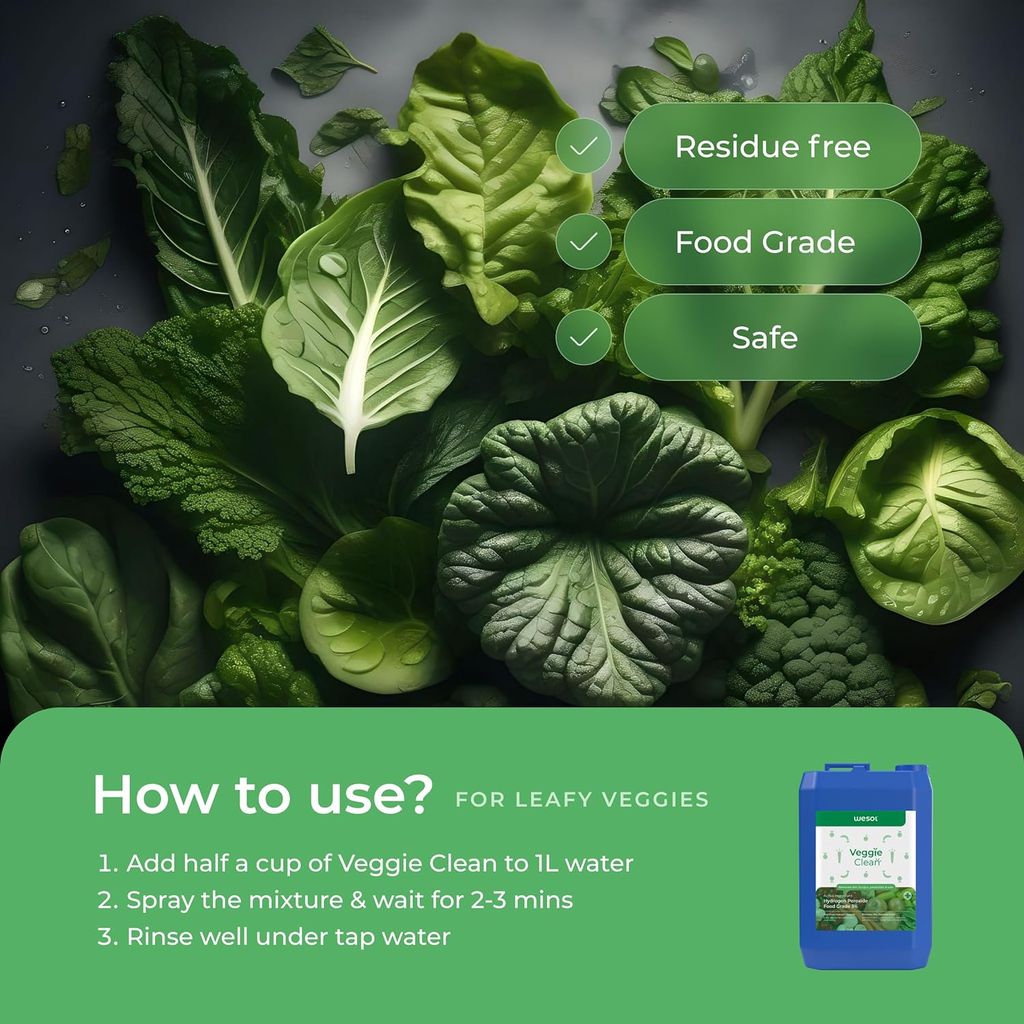 Wesol Vegetable Wash Liquid Hydrogen Peroxide 3% w/w Food Grade - 5L Multi-Use Disinfectant | Kills 99.9% Germs & Viruses | Best For Cleaning, General Disinfection, Deodorising, Food production units