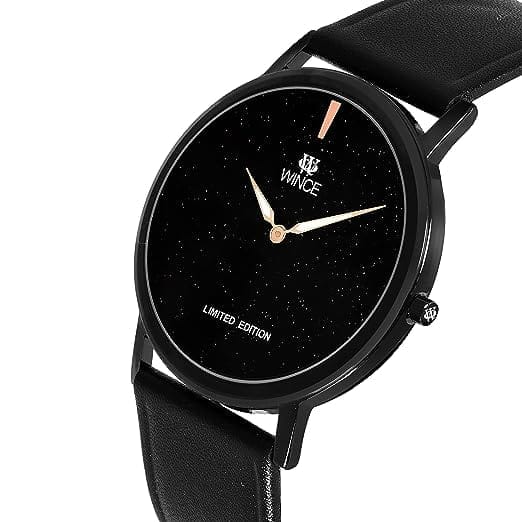 Analog Wrist Watch for Men Boys Leather Strap Black Round Dial Black