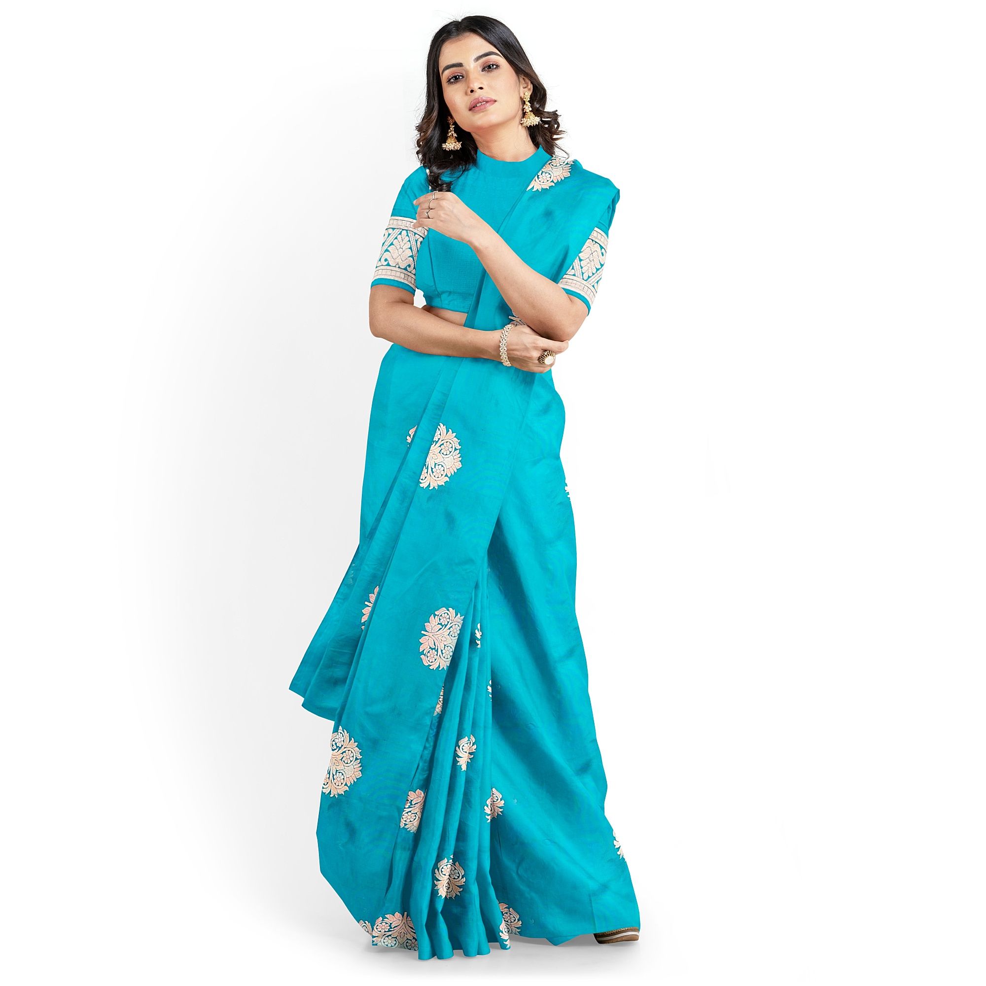 Sky Blue Color Big Floral Copper Butta Saree with Unstitched Blouse