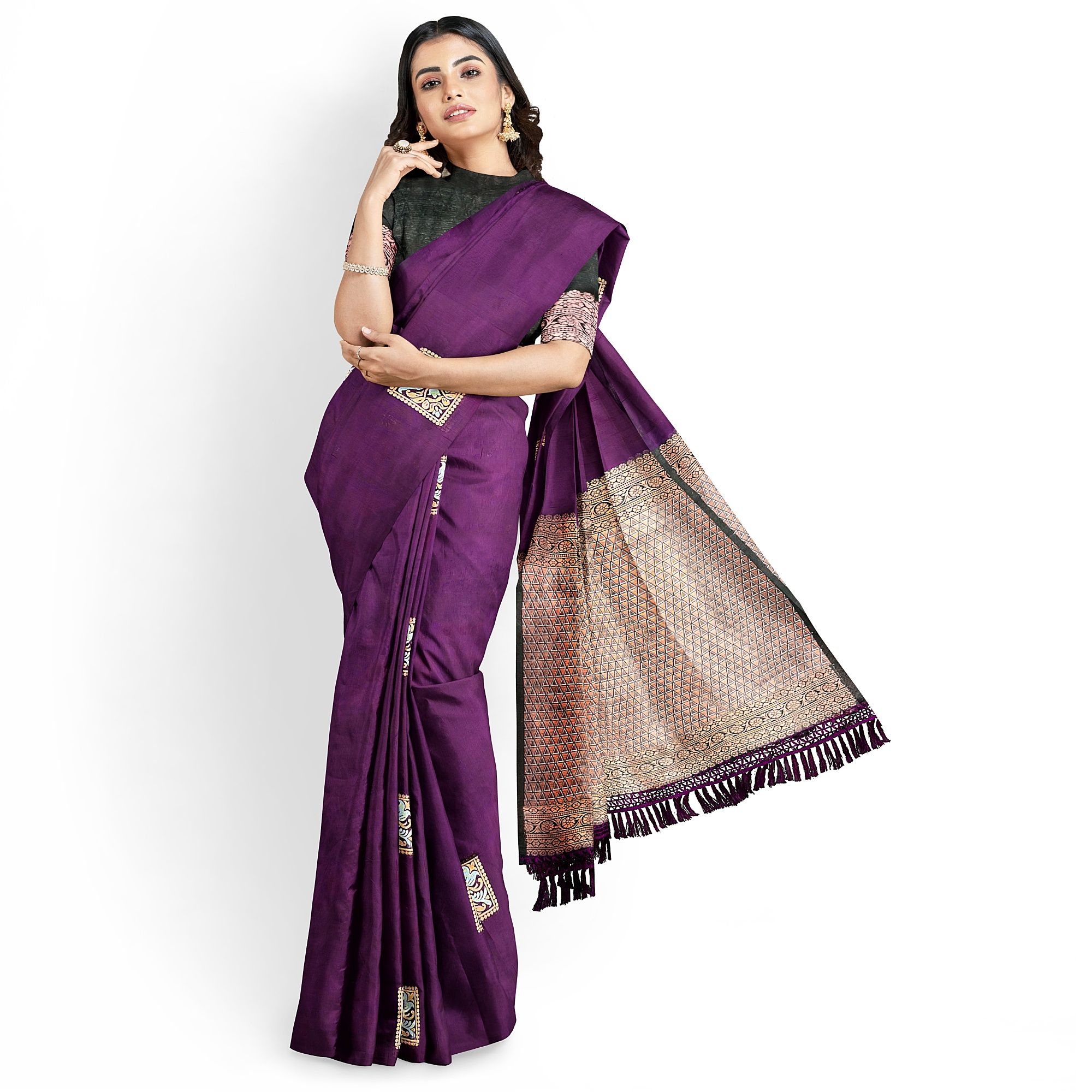 Purple Color Box Like Silver & Copper Zari Butta with Unstitched  Blouse