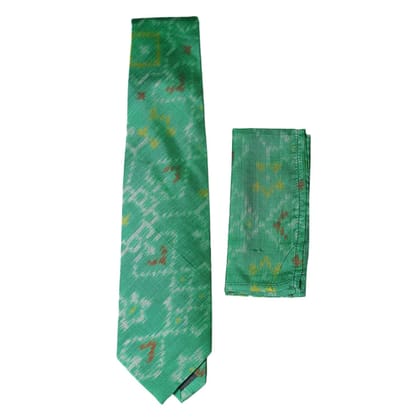 Garvi Gurjari (A Gujarat Govt Enterprise) Green Silk Ikat Tie With Pocket Square