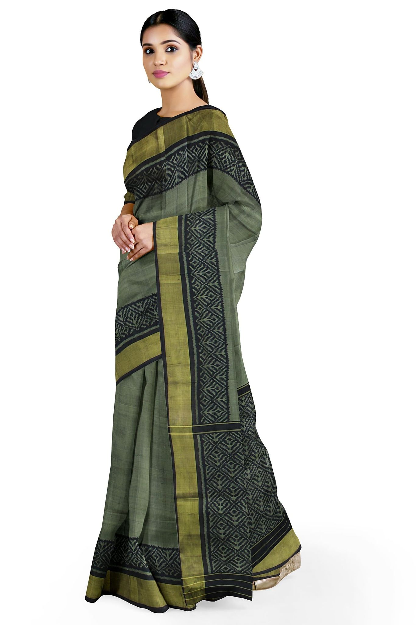 Garvi Gurjari (A Gujarat Govt Enterprise Women Mehndi and Black Shaded Handloom Single Ikat Silk Patola Saree (GGCSIKS99)