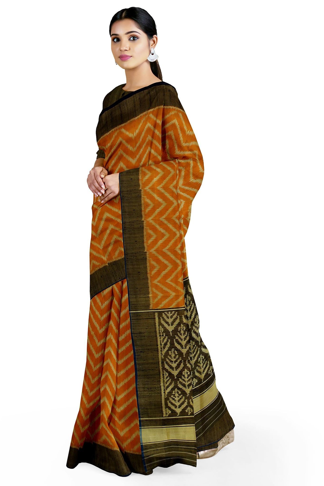 Garvi Gurjari (A Gujarat Govt Enterprise Women Orange Shaded Handloom Raw Silk Single Ikat Patola Saree(GGCSIKS88)