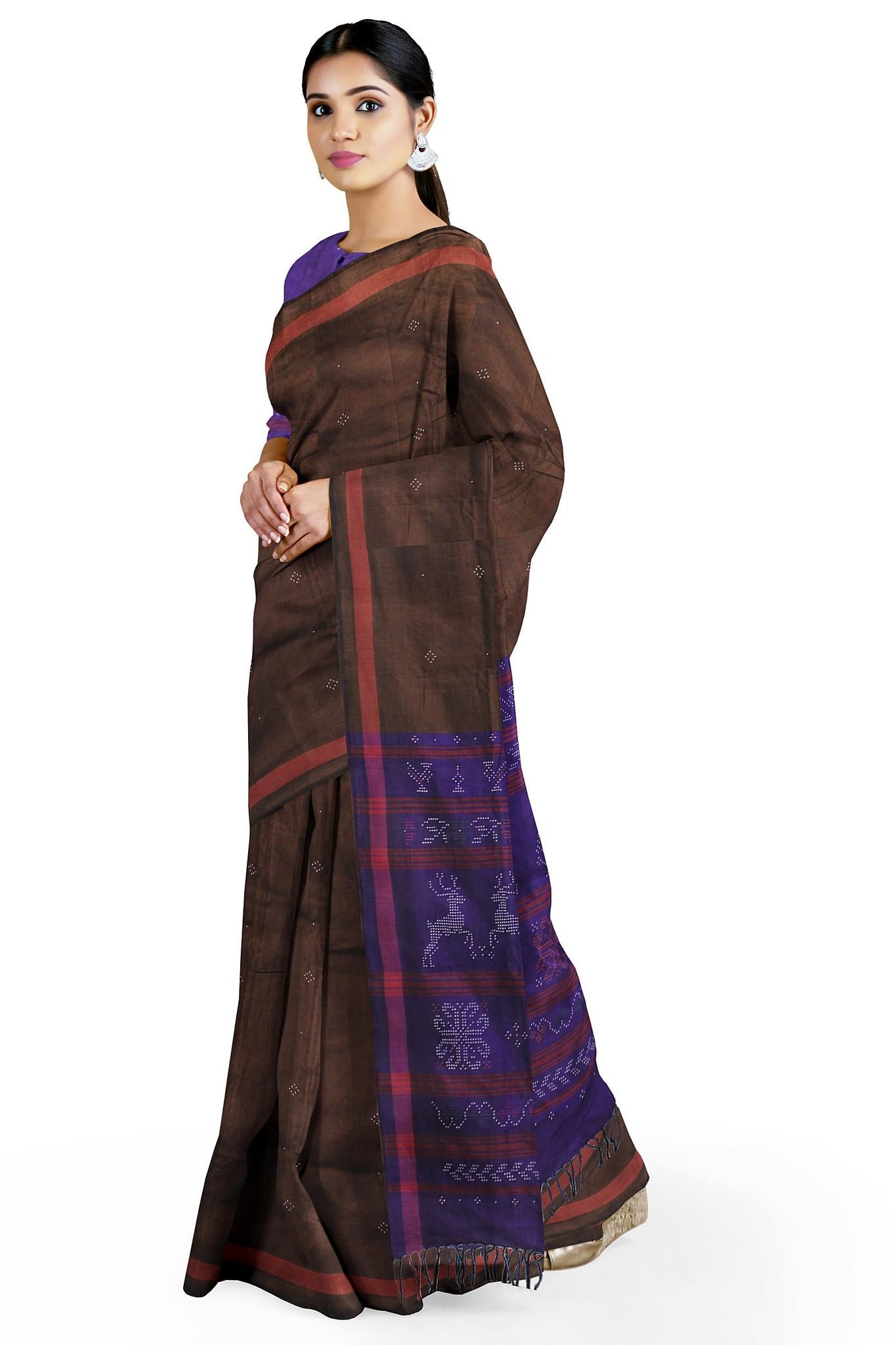 Garvi Gurjari (A Gujarat Govt Enterprise womenBrown and Purple Tangaliya Cotton Silk Handwoven Saree(GGCSTCSS13)