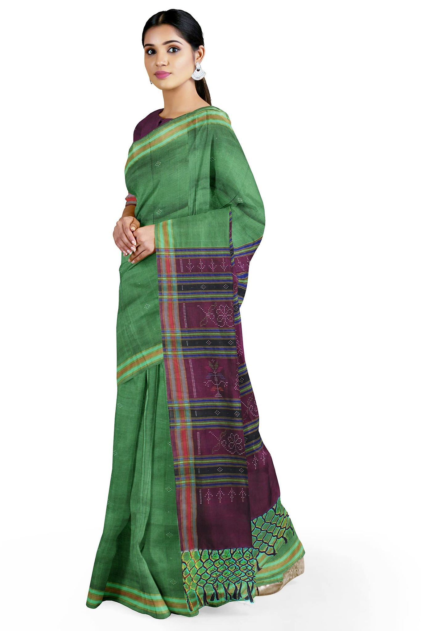 Garvi Gurjari (A Gujarat Govt Enterprise women Handwoven Mehndi and Purple Cotton Silk Tangaliya Saree(GGCSTCSS09)