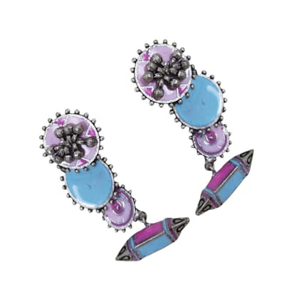Handcrafted German Silver Pink and Sky Blue Oxidised Earrings By Garvi Gurjari