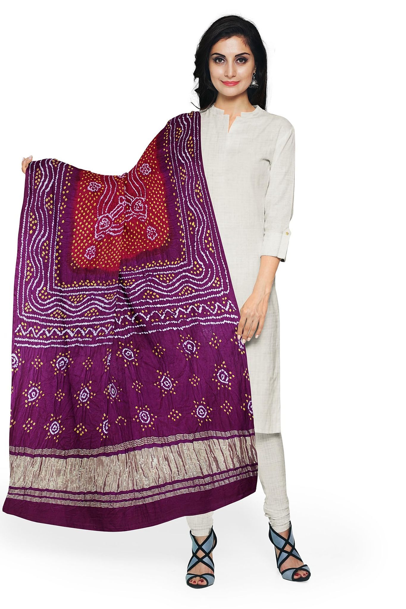 Garvi Gurjari (A Gujarat Govt Enterprise Purple and Dark Magenta Handwoven Gaji Silk Bandhani Dupatta(GGCGBD14)