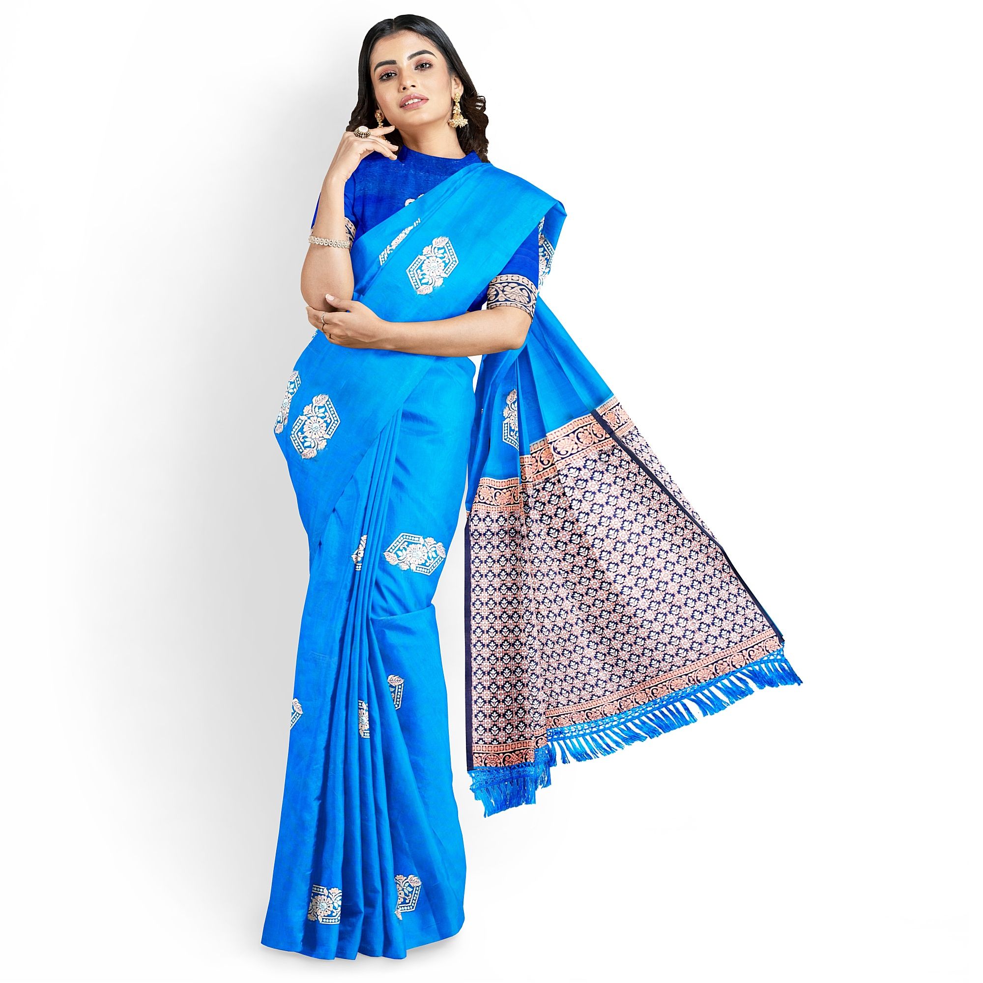 Sky Blue Color Silver & Copper Zari Butta with Contrast Blouse