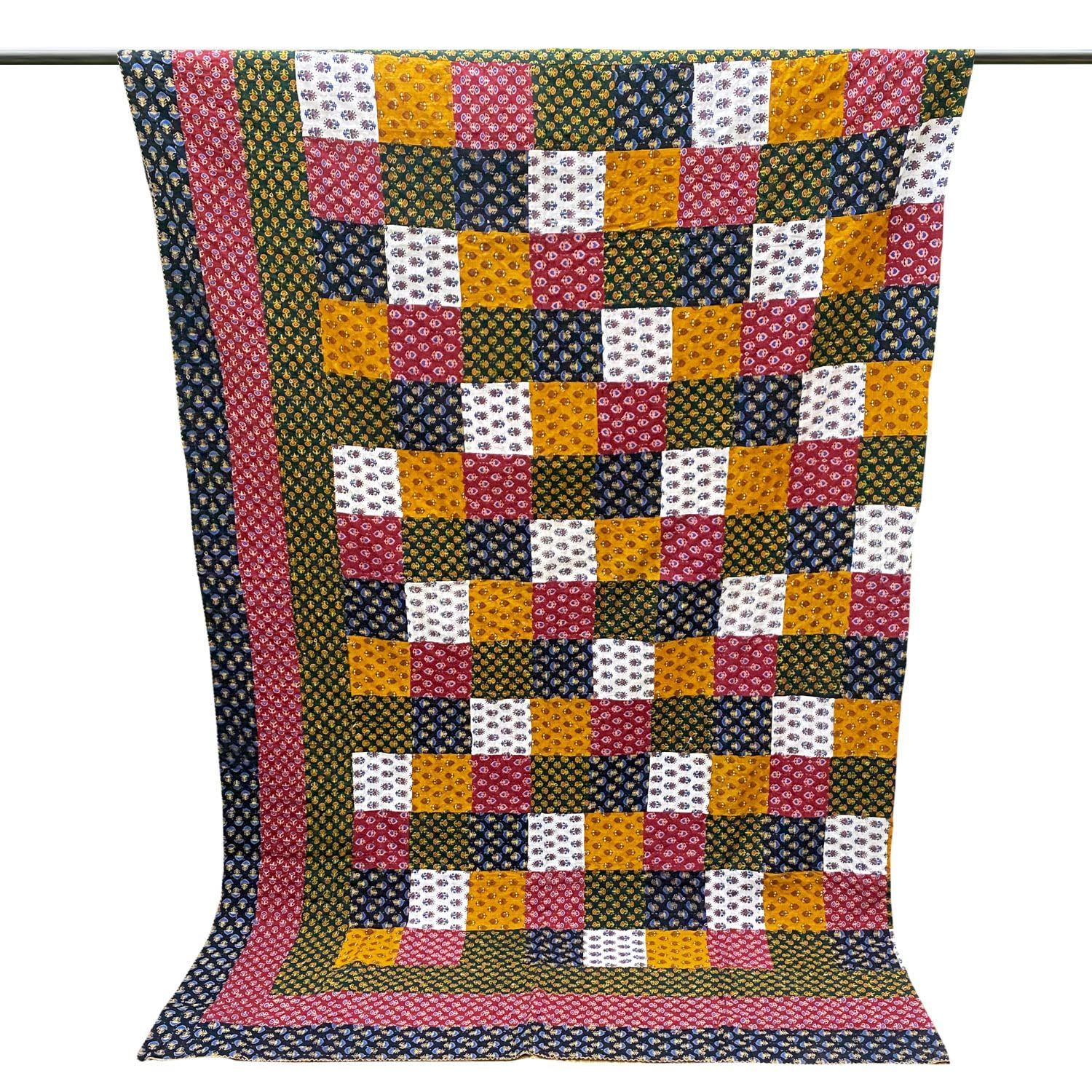 Garvi Gurjari (A Gujarat Govt Enterprise Multicolor Cotton Patchwork Quilt with Navy Blue Border