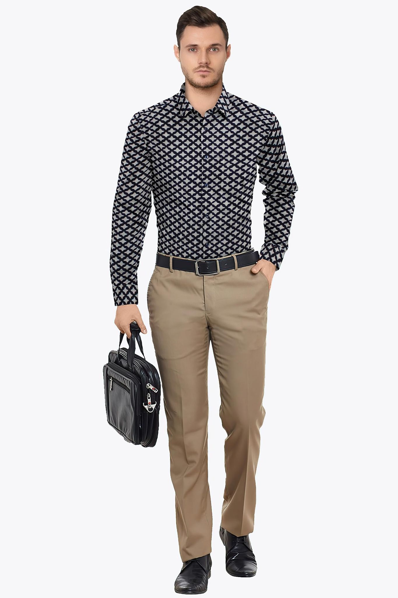 Garvi Gurjari Mens Hand Block Printed Cotton Full Sleeve Shirt(GGCMBPS01) Beige