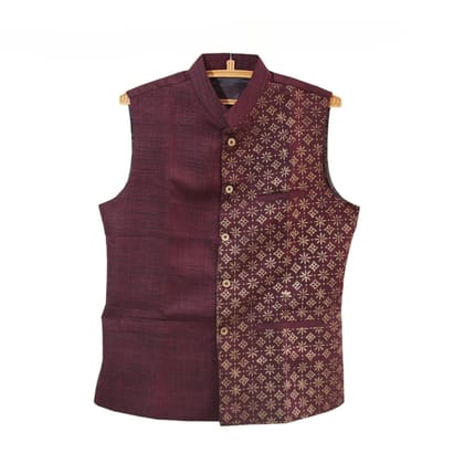 Garvi Gurjari (A Gujarat Govt Enterprise Maroon Hand Block Printed Men's Jacket/Koti (GGCKMK01)