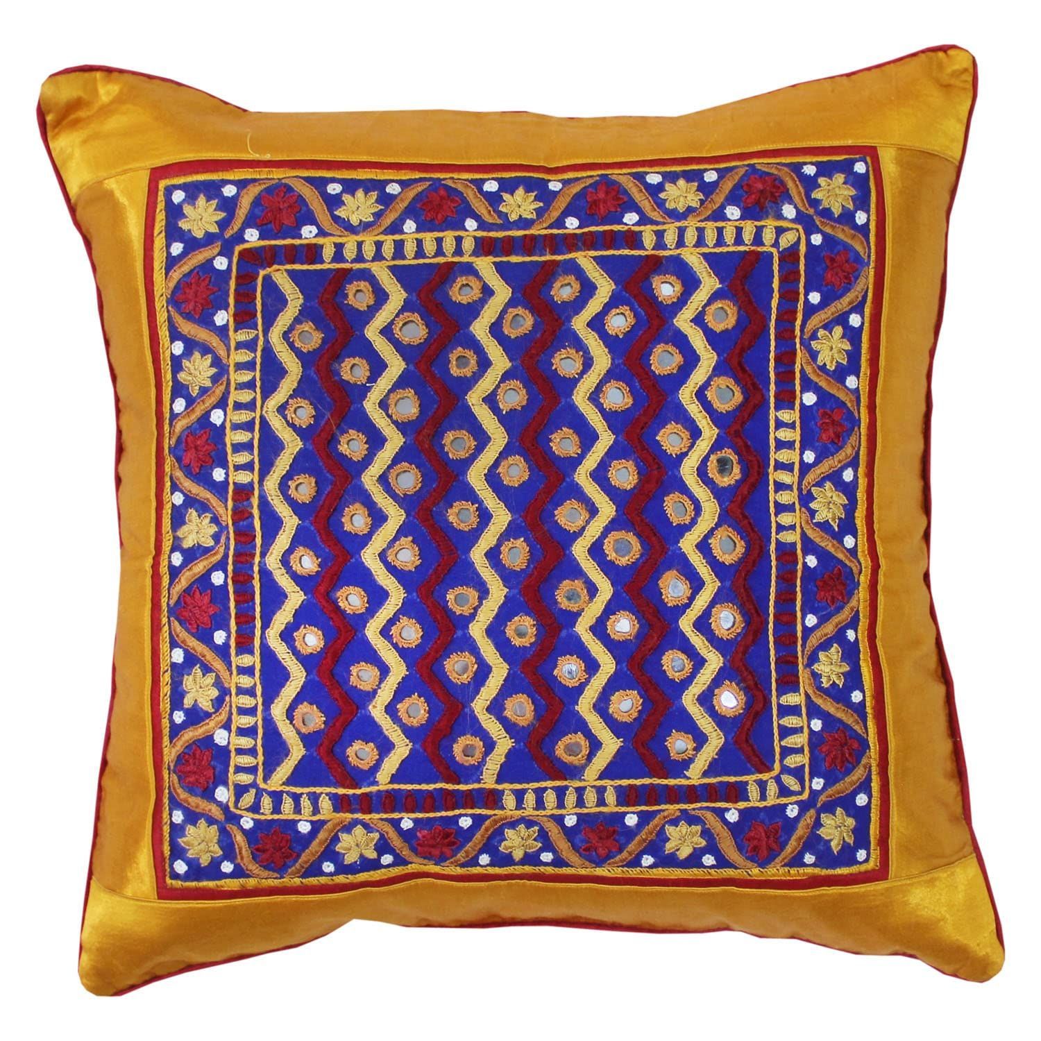 Garvi Gurjari (A Gujarat Govt Enterprise Turmeric Yellow Hand Embroidered Mashru Cushion Cover