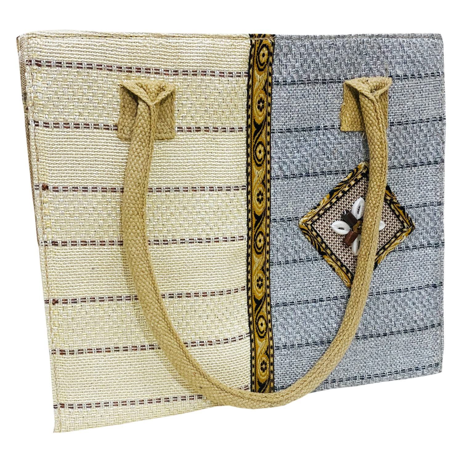 Garvi Gurjari (A Gujarat Govt Enterprise Off-white and Grey Handcrafted Jute Hand Bag(GGCMJB08)