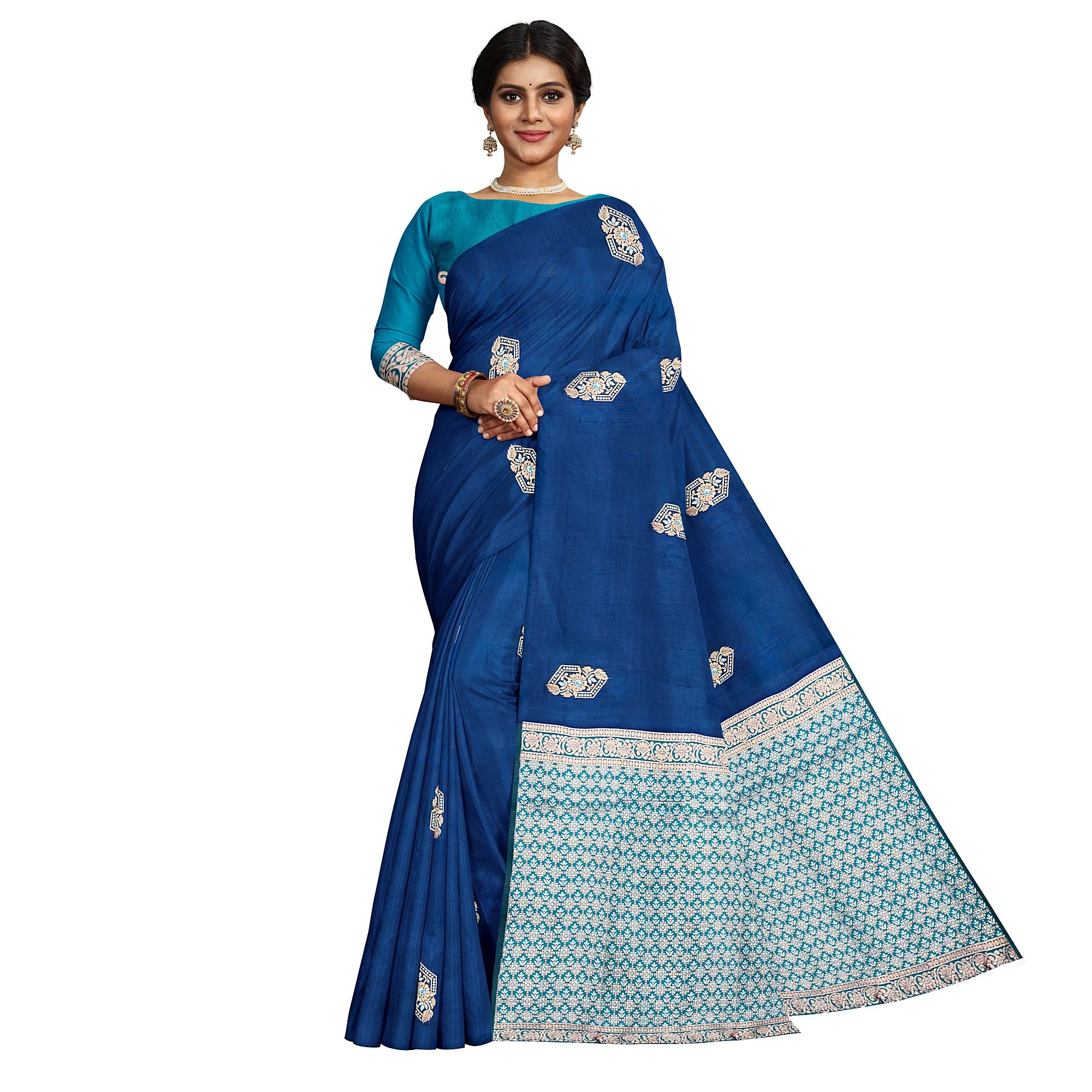 Dark Blue Color Silver & Copper Zari Butta Saree with Contrast Blouse