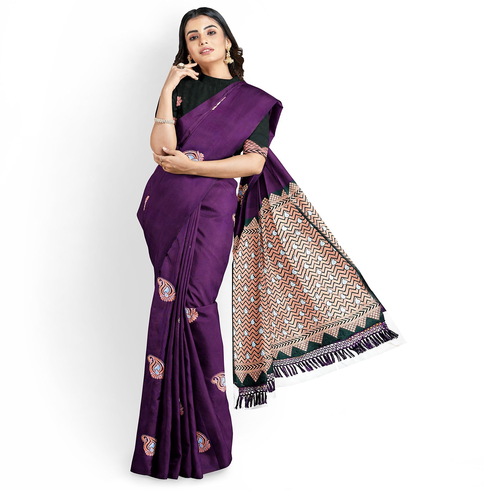 Purple Color Silver & Copper Zari Mango Butta Saree with Contrast Blouse