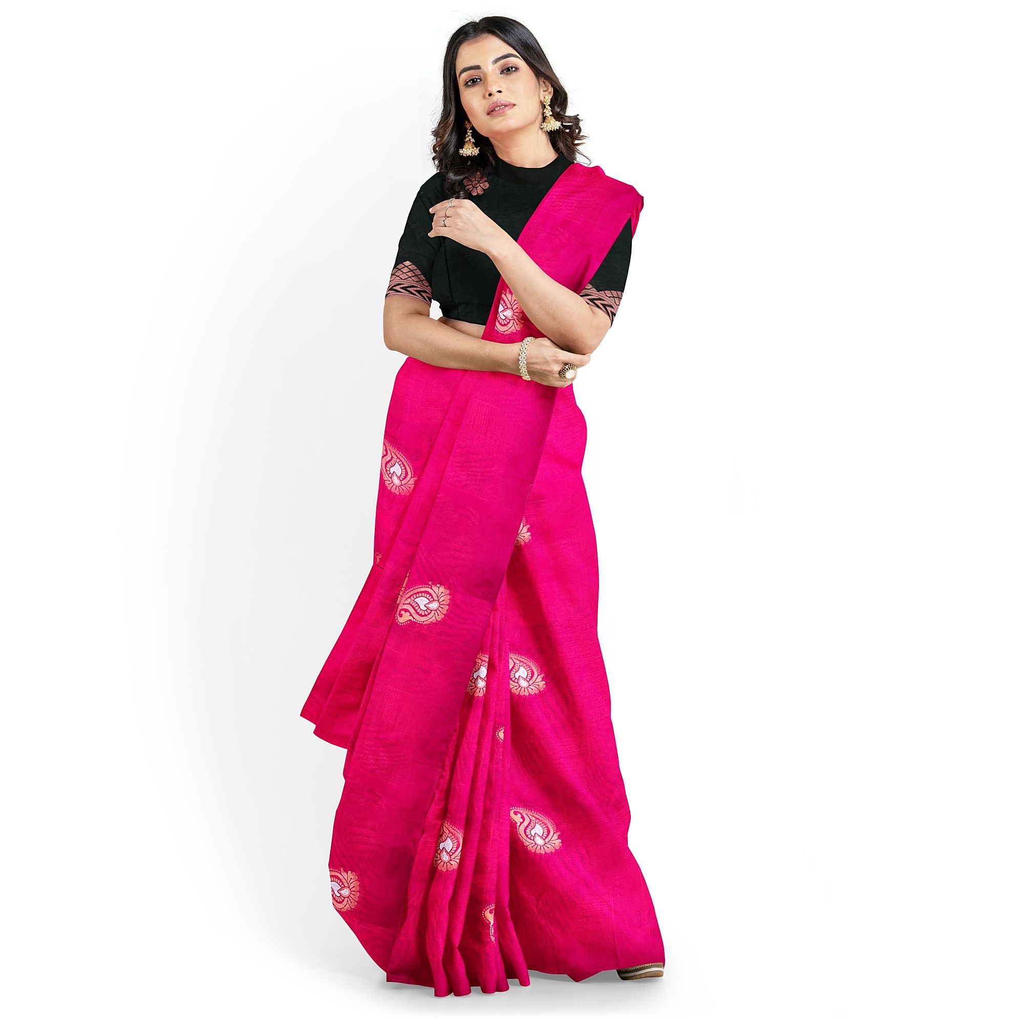 Red Color Silver & Copper Zari Mango Butta Saree with Contrast Blouse