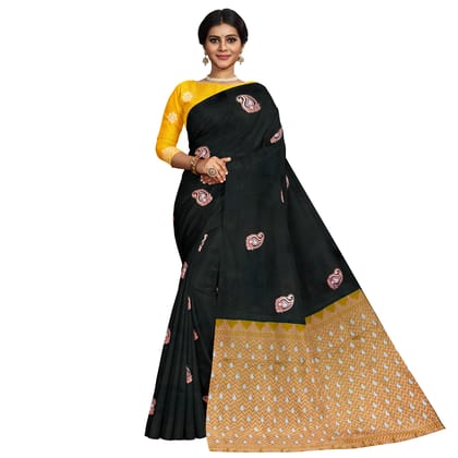 Dark Green Color Silver & Copper Zari Mango Butta Saree with Contrast Blouse