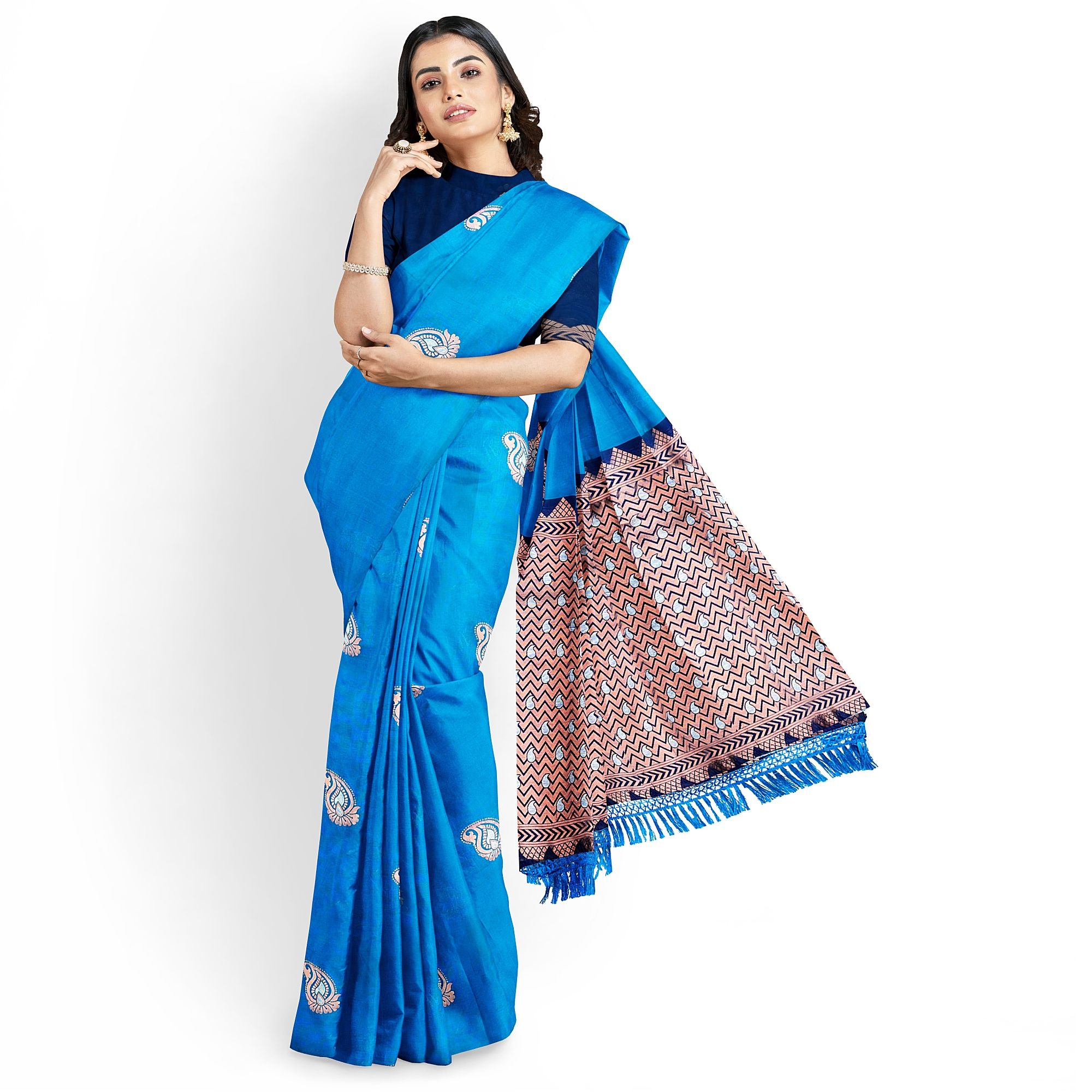 Blue Color Silver & Copper Zari Mango Butta Saree with Contrast Blouse